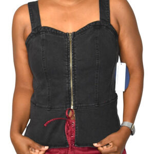 Scoop NYC Denim Bustier Top Black Corset Tank Zip Front Sweetheart Slit Medium